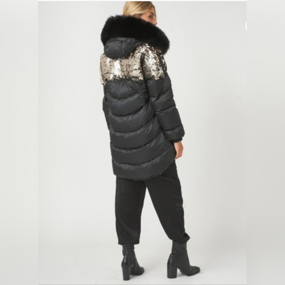 Gorski Coat Women's Medium M Apres Ski Coat Sequins High Low Puffer Winter NEW - Picture 2 of 16